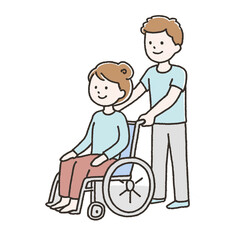 車椅子の女性を介助する男性