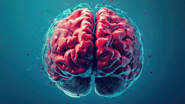 Human brain with intricate cellular detail and the circulatory system. The brains are depicted in red, highlighting blood flow throughout the organ.