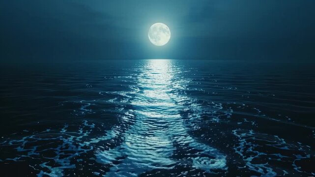 Silvery moonlight across sea expanse, ocean water surface with reflection. calm landscape HD