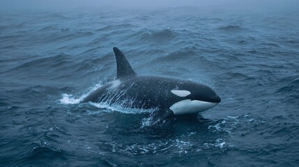 Fototapeta premium Orca swimming gracefully, large black and white marine mammal gliding through deep blue ocean waters, serene aquatic scene.