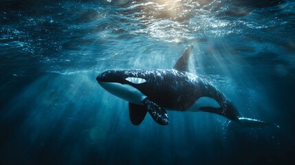 Graceful dolphin swimming in serene ocean depths, showcasing vibrant blue waters and soothing light rays above, ideal for ocean themes.