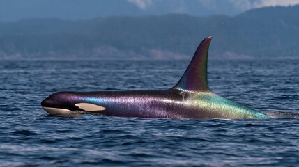 Naklejka premium Orca swimming in ocean, majestic black and white mammal breaching water surface, highlighting marine life and natural beauty.