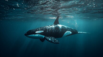 Fototapeta premium Orca swimming gracefully, large black and white marine mammal gliding through deep blue ocean water, captivating aquatic scene.