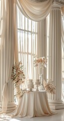 Elegant dessert table, floral arrangement, sunlit classical hall, wedding reception
