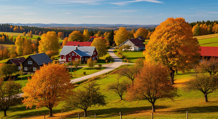 Obraz premium A picturesque rural scene in autumn featuring vibrant trees adorned in shades of orange and yellow. A winding gravel road leads through the landscape, passing a cluster of charming farmhouses with red