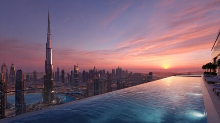 Naklejka premium Stunning skyline view at dusk, modern urban landscape with skyscrapers and infinity pool reflecting colorful sunset.