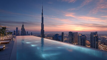 Fototapeta premium Stunning skyline view at sunset, infinity pool reflecting city lights, a serene and luxurious atmosphere for relaxation.