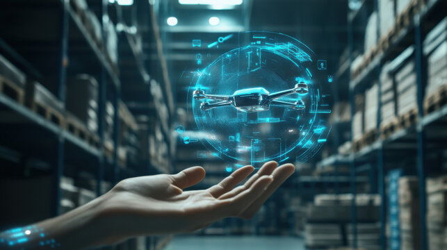 Hand holding drone with futuristic interface in warehouse inventory management technology - Powered by Adobe