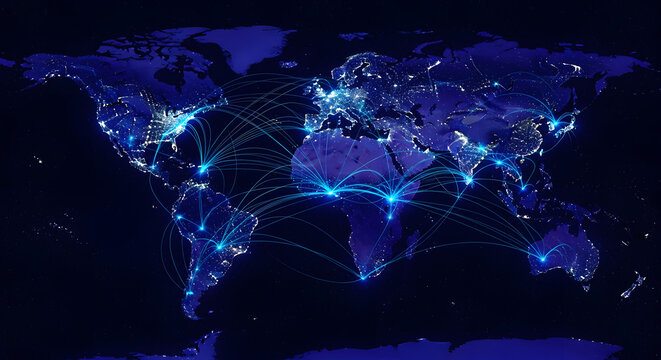  A world map at night shows glowing flight paths and data networks connecting major cities  illustrating globalization  international trade  travel  and communication.