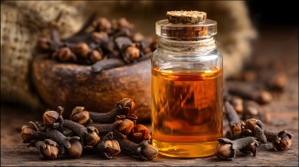 Clove Oil and Dried Cloves Aromatic Spice Still Life