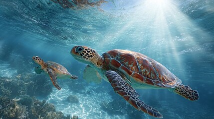 Vibrant underwater scene, serene swimmer gliding alongside a sea turtle in crystal-clear waters, perfect for nature themes.
