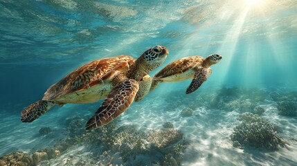 Obraz premium Two sea turtles gliding gracefully underwater, vibrant coral reef below, sunlight filtering through the waves, serene marine scene.