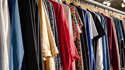 Stylish clothing display at a vibrant marketplace showcasing diverse colors and styles during a sunny afternoon