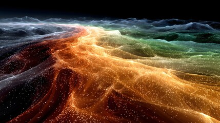 Abstract Landscape with Vibrant Light Streaks Flowing Over Undulating Terrain