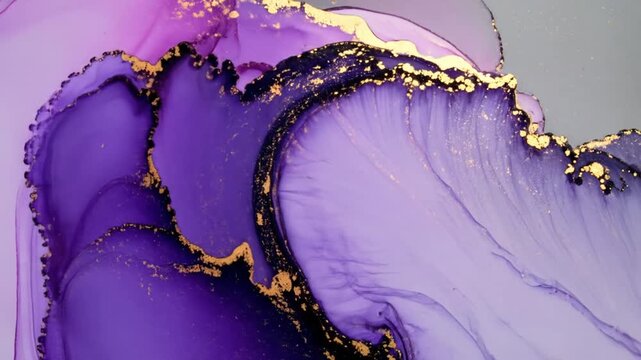 Purple gold wavy fluid art background with marble technique on abstract texture