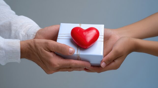 Caring hands exchange a beautiful heartfelt gift box with a prominent red heart symbol. This portrays generosity and compassion through a benevolent act of charity and community service.