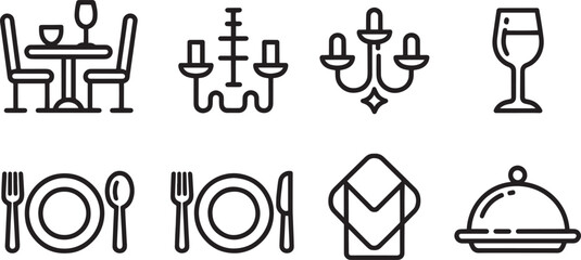 Elegant Dining Table Setting with Chandelier and Covered Dish Line Art Icon Illustration