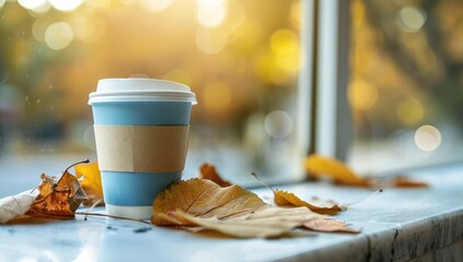 Autumn Coffee Shop Window; Drink Resting on Leaves