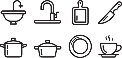 Kitchen Utensils and Cookware Line Art Icons Set for Culinary Design and Food Preparation Concepts
