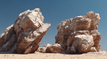 Two large, light-tan rocks in a desert landscape