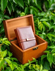 Wooden box with brown leather item