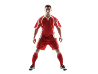 Studio Shot of a Soccer Player in Red Uniform, Ready Position