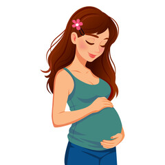 Pregnant woman vector illustration, cartoon style maternity and motherhood concept, expectant mom holding belly, baby bump character for cards and t-shirts