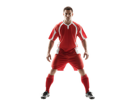 Studio Shot of a Soccer Player in Red Uniform, Ready Position