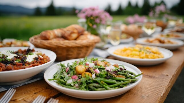 Fresh summer salad and assorted dishes on outdoor dining table   - Powered by Adobe