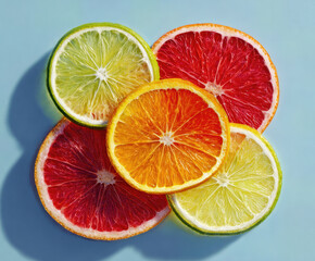 Fototapeta premium Sliced citrus fruits arranged beautifully on a light background showcasing vibrant colors and textures