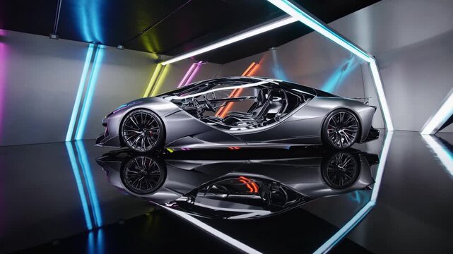 Sleek hypercar showcased in an illuminated modern studio with colorful lighting and a reflective floor