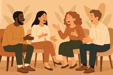 A diverse group of four people sits in a circle, engaged in animated discussion. Each person holds a different posture, highlighting their individual