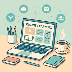 A laptop on a desk displays an online learning platform interface, surrounded by stationery and a steaming coffee cup. Icons of connectivity float