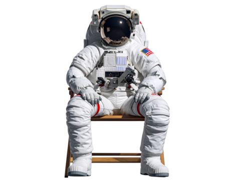 Space suit astronaut seated, cutout isolated transparent background PNG