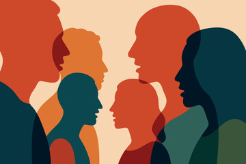 Overlapping human silhouettes in conversation, each profile outlined in bold colors. The figures are layered, creating a sense of depth and