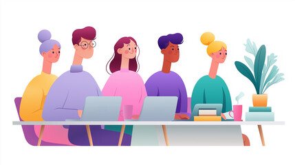 Team of five individuals engaged in a lively brainstorming session around a long table with laptops. Bright, colorful decor enhances collaboration spirit