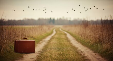 A Vintage Suitcase Waits on an Empty Country Road During Autumn