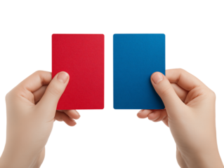 Hands Holding Red and Blue Cards Choice, Decision, Opportunity Concept