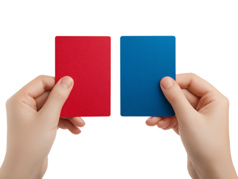 Hands Holding Red and Blue Cards Choice, Decision, Opportunity Concept