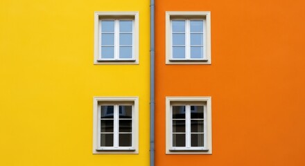 Fototapeta premium A Stark Contrast Between Two Vibrant Walls Featuring Four Windows