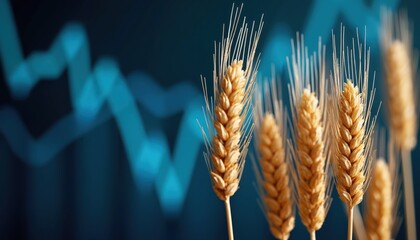 Wheat stalks with abstract financial graph background. Illustrates agriculture market trends, economic data, investment fluctuations in grain industry. Represents harvest analysis, food production