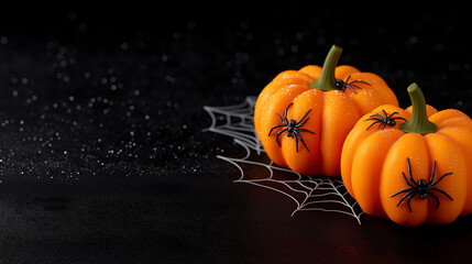Halloween pumpkins with spider decorations positioned on black stone backdrop. Ideal for autumn celebrations, spooky themes, and seasonal events