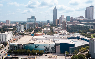 aerial photo of atlanta city skyline with aquarium 