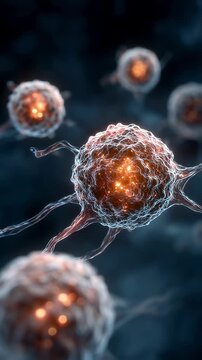 Abstract medical graphic depicting rapid signaling across immune cells representing chronic leukemia progression.