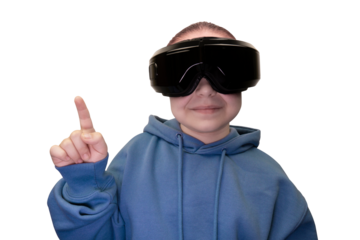 Smiling young girl in blue hoodie and black virtual reality headset pointing index finger up with expression of discovery or new idea on transparent background