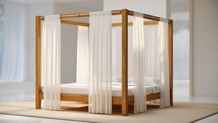 Elegant Wooden Canopy Bed with Sheer Drapes Creating a Serene Bedroom Oasis