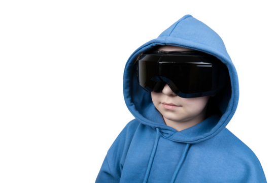 A young girl in a blue hooded sweatshirt, wearing a black virtual reality headset and looking to the side with a calm expression on a transparent background