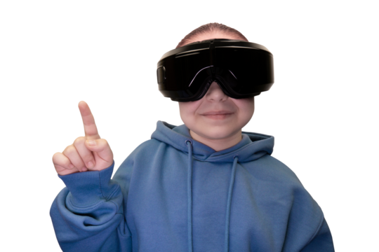 Smiling young girl in blue hoodie and black virtual reality headset pointing index finger up with expression of discovery or new idea on transparent background