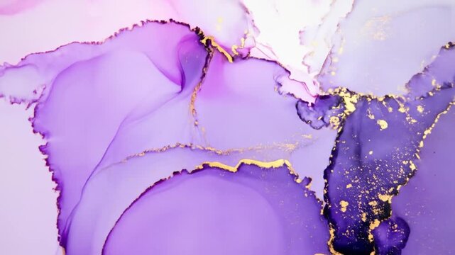Purple gold wavy fluid art background with marble technique on abstract texture