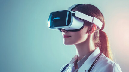 A doctor wearing a virtual reality headset in a medical setting with a light blue background color tone